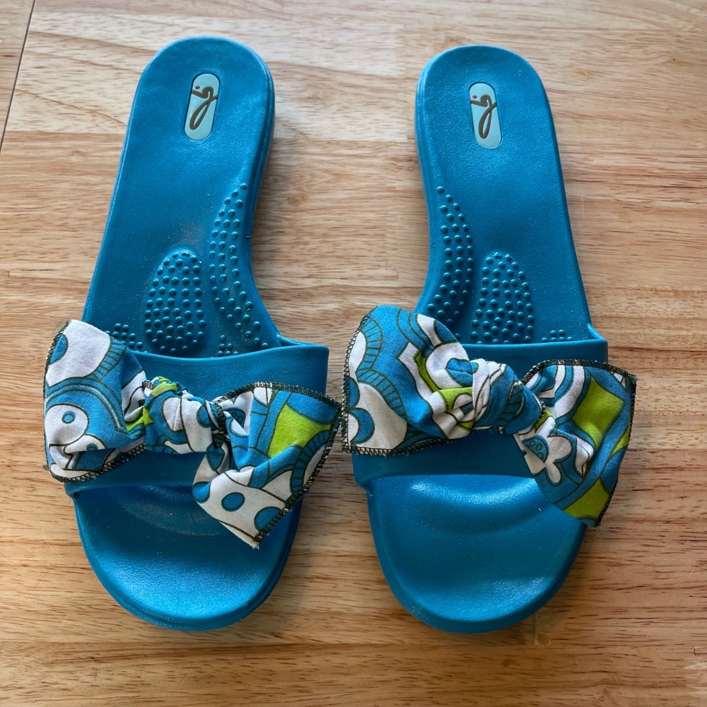 Oka-B Women Turquoise Blue Bow Slide Sandals Made in USA Size L 9-10